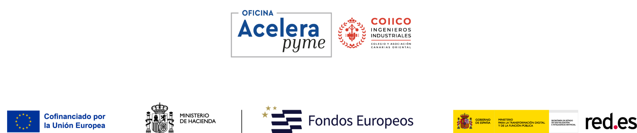 Oficina Acelera Pyme · COIICO Ingenieros Industriales · Cofinanciado por la Unión Europea · Ministerio de Hacienda · Fondos Europeos · Gobierno de España, Ministerio para la Transformación Digital y de la Función Pública · Red.es